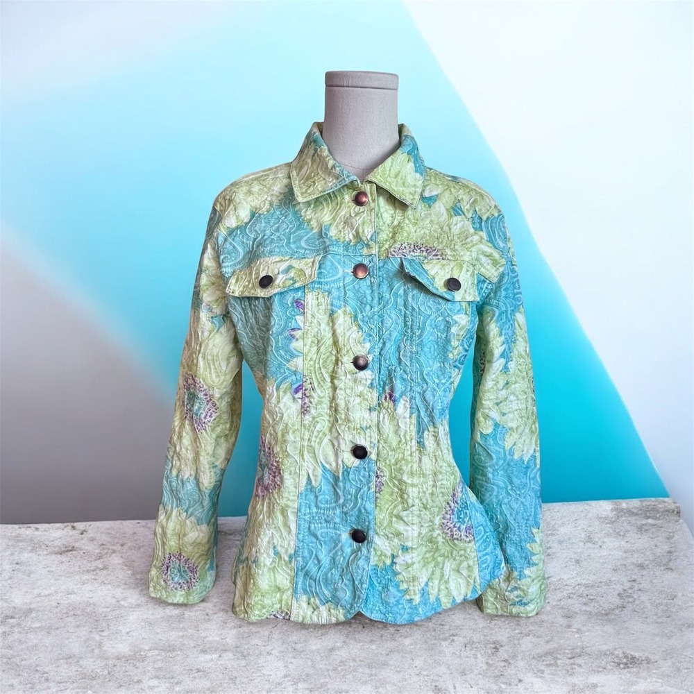 Analogy Womens Floral Paisley Textured Button Front Jacket Turquoise Green Sz L